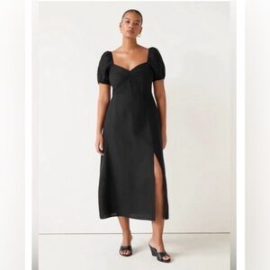 & other stories Black Puff-Sleeve Linen Midi Dress